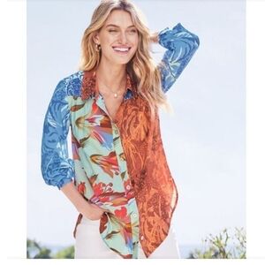 Soft Surroundings Hermosa Tunic Shirt Multi Print Button Down Size S
